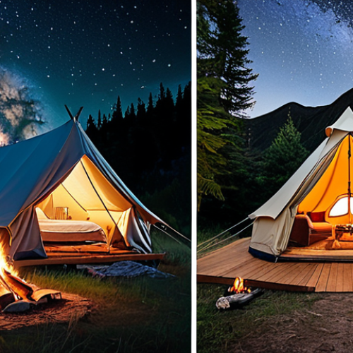Home 22 A composite image showcasing the diverse appeal of camping. On one side, a luxurious glamping tent with elegant interiors (comfortable bed, soft lighting) nestled within a beautiful natural setting, suggesting modern comfort amidst nature. On the other side, a traditional small tent pitched by a crackling campfire under a clear, starry night sky, with a sense of adventure and wilderness. The overall image should evoke a feeling of peace and connection with nature, highlighting both luxurious and adventurous camping styles.