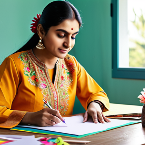 Home 20 **
"A woman in professional attire, fully clothed in a modest salwar kameez, crafting paper flowers at a desk filled with colorful paper and crafting tools, in a brightly lit home studio, safe for work, appropriate content, perfect anatomy, natural pose, high quality, family-friendly."
**