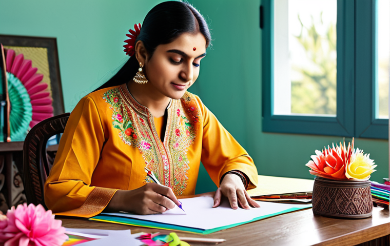 **
"A woman in professional attire, fully clothed in a modest salwar kameez, crafting paper flowers at a desk filled with colorful paper and crafting tools, in a brightly lit home studio, safe for work, appropriate content, perfect anatomy, natural pose, high quality, family-friendly."
**
