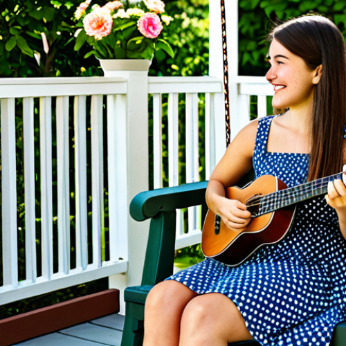 Home 11 "A young woman, fully clothed in a modest summer dress, sitting on a porch swing and playing a ukulele. Sunny day, flowers in the background, family-friendly scene, safe for work, perfect anatomy, natural pose, professional photography."
