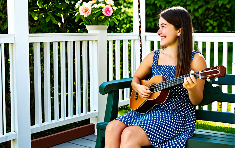 "A young woman, fully clothed in a modest summer dress, sitting on a porch swing and playing a ukulele. Sunny day, flowers in the background, family-friendly scene, safe for work, perfect anatomy, natural pose, professional photography."