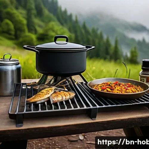 캠핑 요리법 - A cozy camping scene in a lush green forest under cloudy skies, featuring a portable gas stove with ...