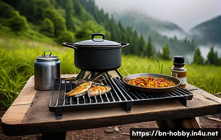 캠핑 요리법 - A cozy camping scene in a lush green forest under cloudy skies, featuring a portable gas stove with ...