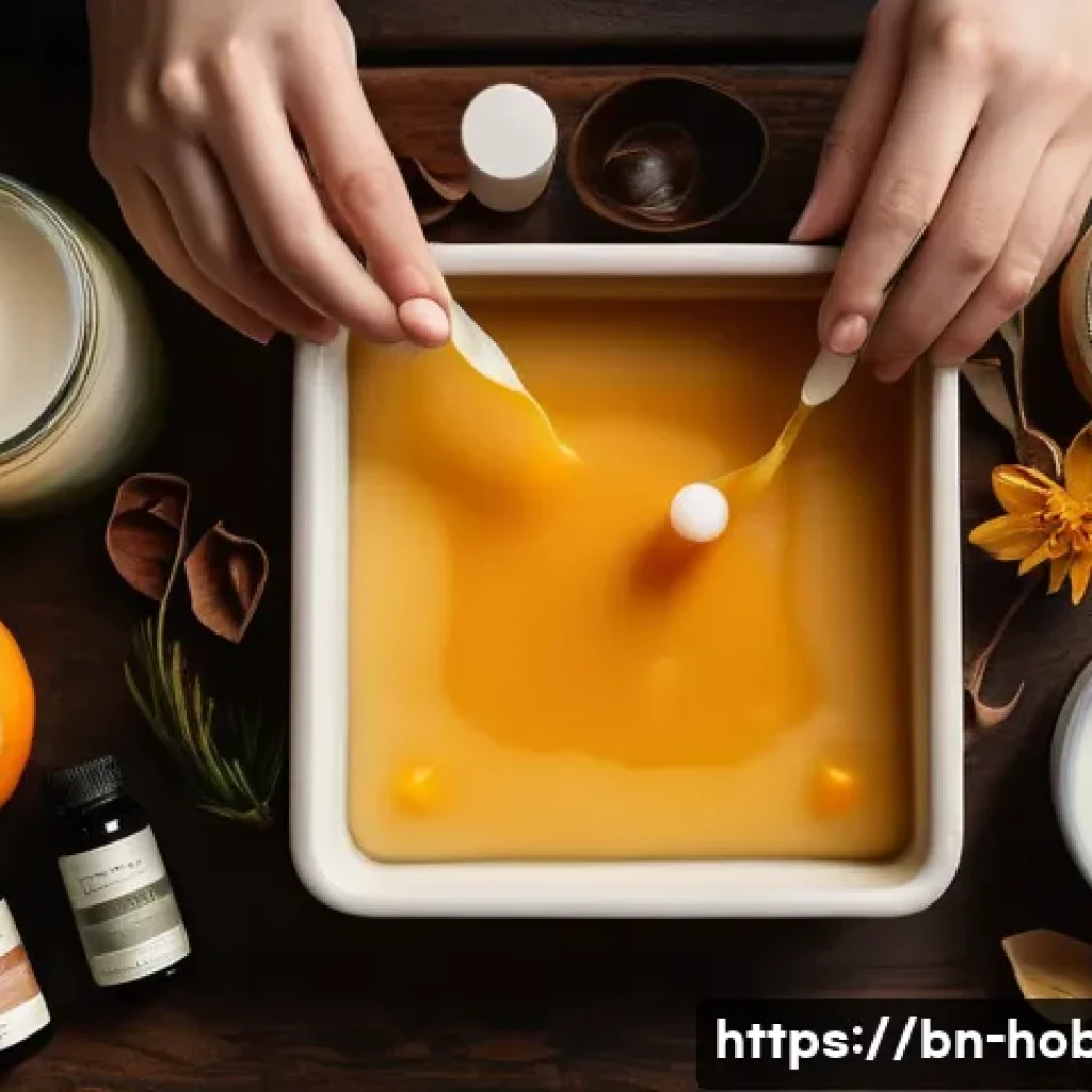 캔들 만들기 - A cozy indoor candle-making workshop scene featuring a variety of natural waxes including soy wax an...