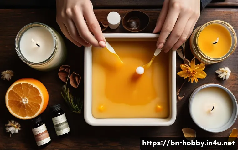 캔들 만들기 - A cozy indoor candle-making workshop scene featuring a variety of natural waxes including soy wax an...