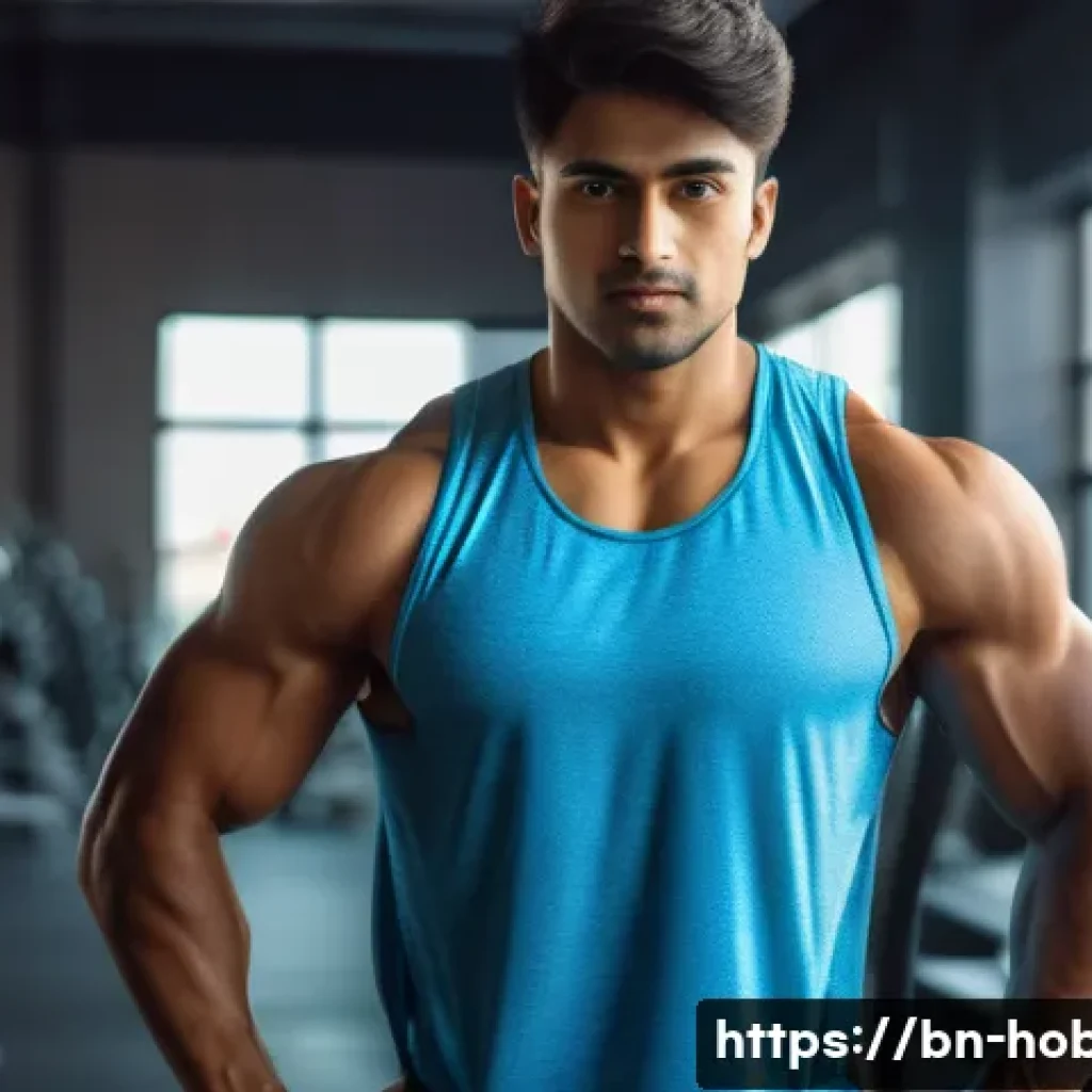 운동 목표 설정 - A detailed portrait of a young Bengali man with a mesomorph body type, exercising in a bright, moder...