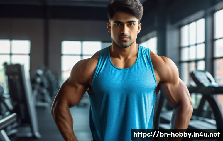 운동 목표 설정 - A detailed portrait of a young Bengali man with a mesomorph body type, exercising in a bright, moder...