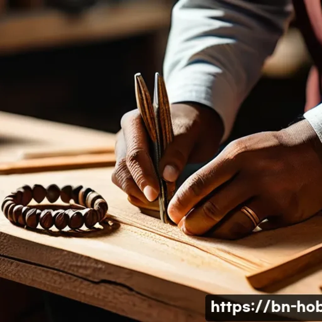 핸드메이드 액세서리 만들기 - A close-up image of a skilled artisan&rsquo;s hands crafting unique wooden bracelets using natural materia...