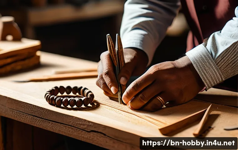 핸드메이드 액세서리 만들기 - A close-up image of a skilled artisan&rsquo;s hands crafting unique wooden bracelets using natural materia...