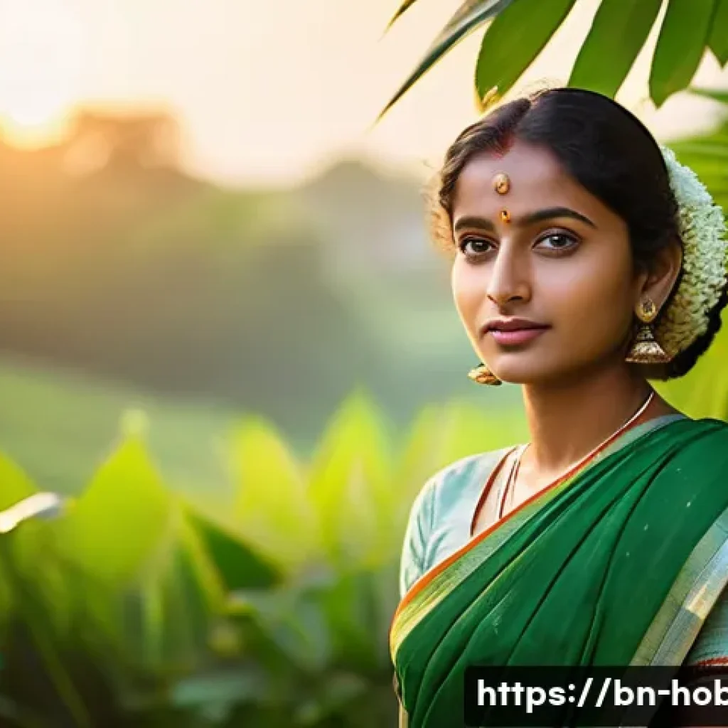 사진 취미 - A serene outdoor portrait of a young Bengali woman in traditional colorful attire, captured in soft ...
