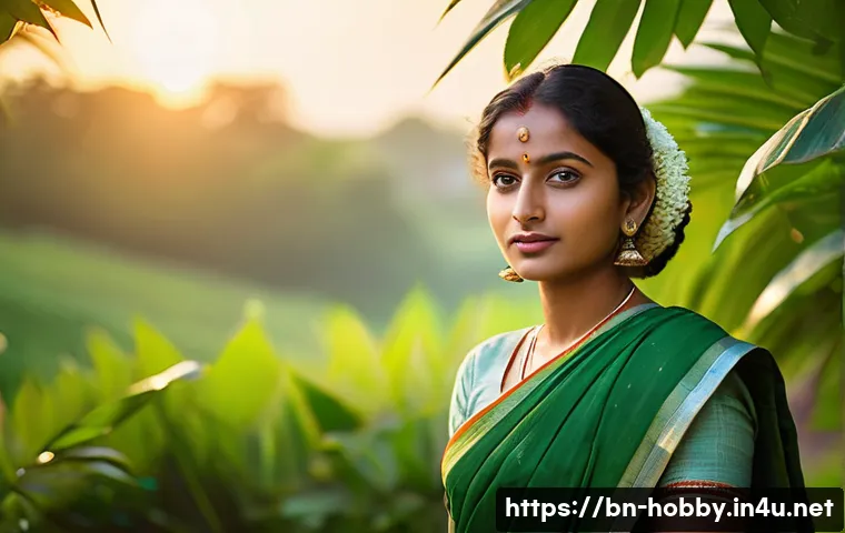 사진 취미 - A serene outdoor portrait of a young Bengali woman in traditional colorful attire, captured in soft ...