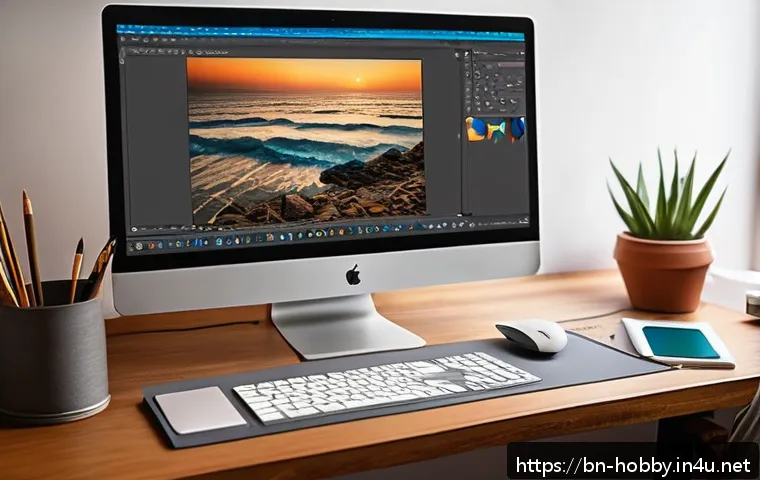 포토샵 기초 배우기 - A professional digital artist&rsquo;s workspace featuring a high-resolution computer screen displaying Ado...