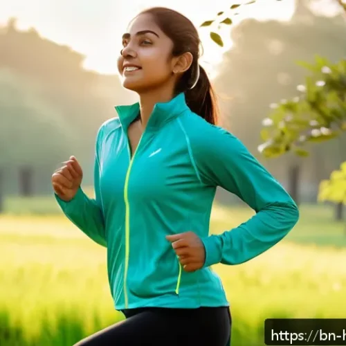 Home 33 유산소 운동 루틴 - A young Bengali woman in sporty attire performing light jogging and stretching exercises in a serene...