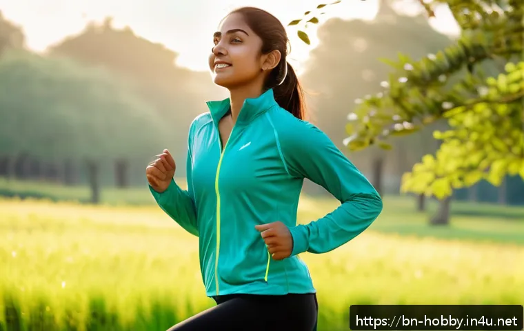 유산소 운동 루틴 - A young Bengali woman in sporty attire performing light jogging and stretching exercises in a serene...