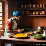Home 19 체중 운동 팁 - A detailed, vibrant illustration of a young Bengali man preparing a nutritious meal rich in protein ...