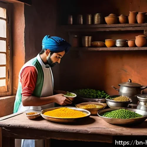 Home 31 체중 운동 팁 - A detailed, vibrant illustration of a young Bengali man preparing a nutritious meal rich in protein ...