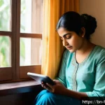 Home 18 북토크 프로그램 - A cozy modern reading nook with a young Bengali woman wearing modest casual clothes, sitting comfort...