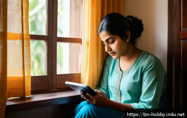 북토크 프로그램 - A cozy modern reading nook with a young Bengali woman wearing modest casual clothes, sitting comfort...