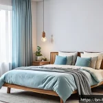 Home 23 홈 인테리어 DIY - A cozy bedroom interior featuring walls painted in soft pastel blue with natural daylight filtering ...