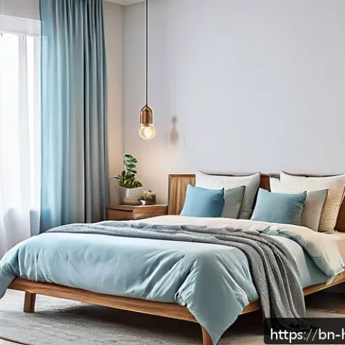 Home 17 홈 인테리어 DIY - A cozy bedroom interior featuring walls painted in soft pastel blue with natural daylight filtering ...