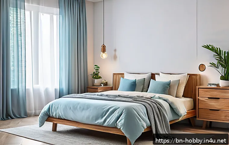 홈 인테리어 DIY - A cozy bedroom interior featuring walls painted in soft pastel blue with natural daylight filtering ...