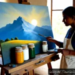 유화 작품 제작 - Photorealistic oil painting creation in a sunlit Bengali artist’s studio, a focused painter in modes...