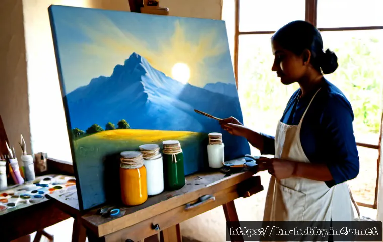유화 작품 제작 - Photorealistic oil painting creation in a sunlit Bengali artist’s studio, a focused painter in modes...