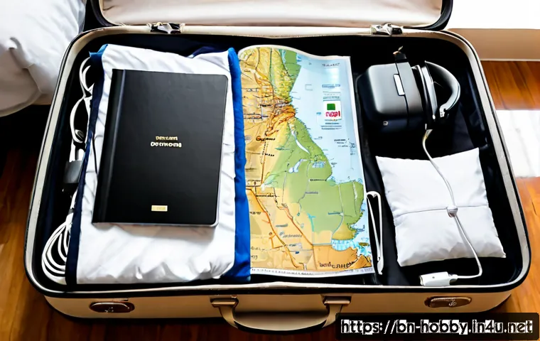 Home 30 여행 준비물 체크리스트 - Photorealistic top-down travel preparation scene on a clean bed: open suitcase with neatly arranged ...