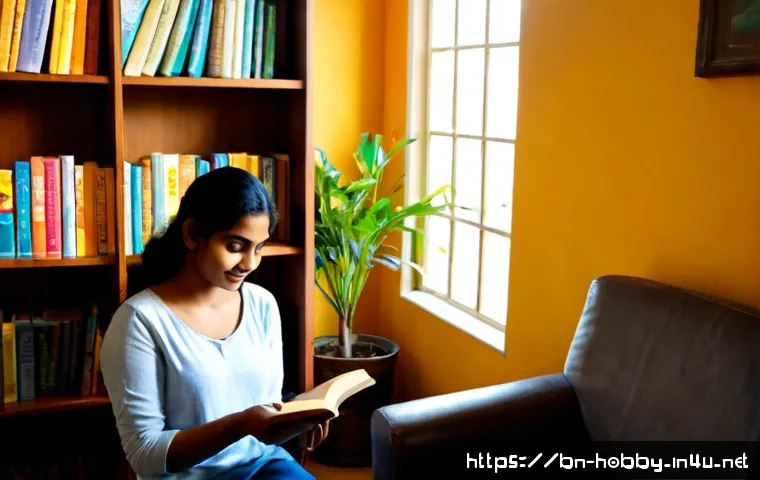 Home 17 독서 책 추천 - Photorealistic cozy reading nook for a Bengali book recommendation article, a young South Asian woma...